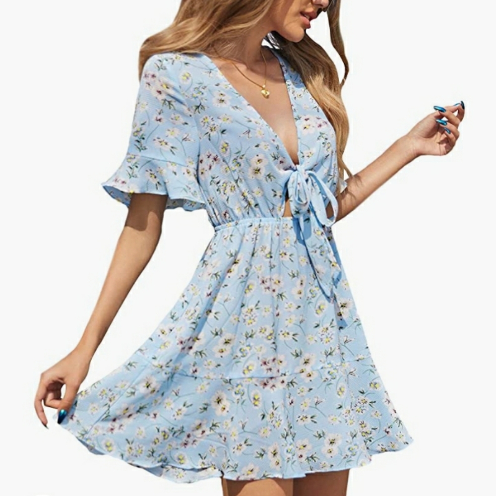Women's Floral Tie Front Ruffle Mini Dress